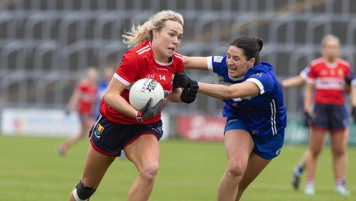 Cork's Katie Quirke take on Clodagh Dunne, Laois, during their TG4 All-Ireland senior football  championship clash at O’Moore Park. Katie will be hoping for a repeat scoring performance against Galway tomorrow. Picture: Alf Harvey