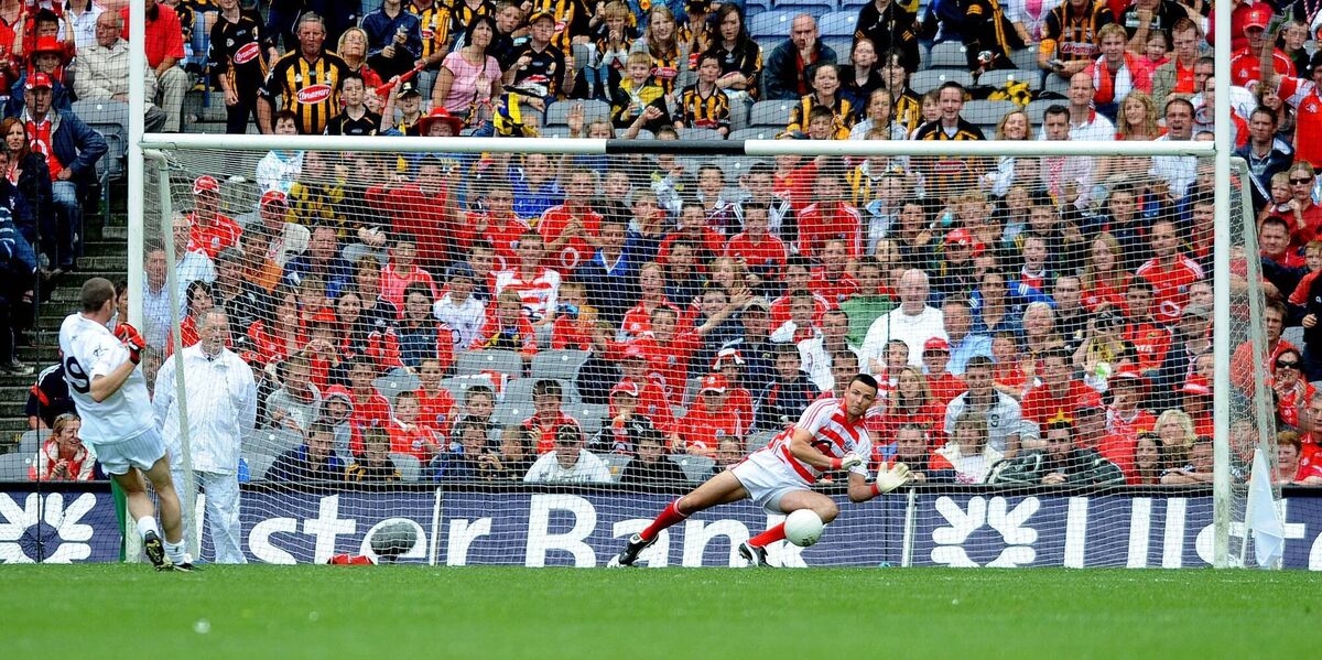 Cork keeper Alan Quirke saving this penalty from Ronan Sweeney of Kildare during the 2008 All-Ireland football quarter-final at Croke Park. Picture: Dan Linehan