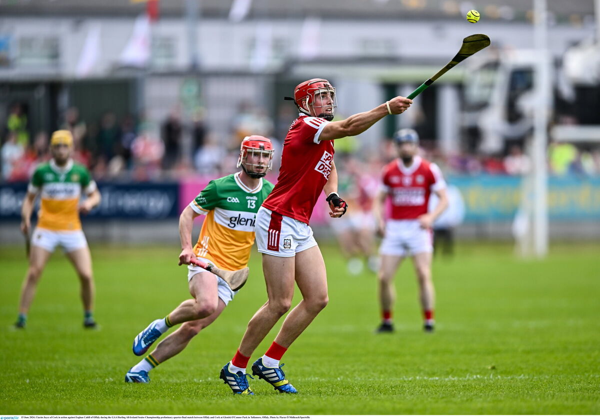Ciarán Joyce of Cork in action against Eoghan Cahill of Offaly during the GAA Hurling All-Ireland Senior Championship preliminary quarter-final match between Offaly and Cork at Glenisk O'Connor Park in Tullamore, Offaly. Photo by Piaras Ó Mídheach/Sportsfile Ciarán Joyce of Cork in action against Eoghan Cahill of Offaly during the GAA Hurling All-Ireland Senior Championship preliminary quarter-final match between Offaly and Cork at Glenisk O'Connor Park in Tullamore, Offaly. Photo by Piaras Ó Mídheach/Sportsfile
