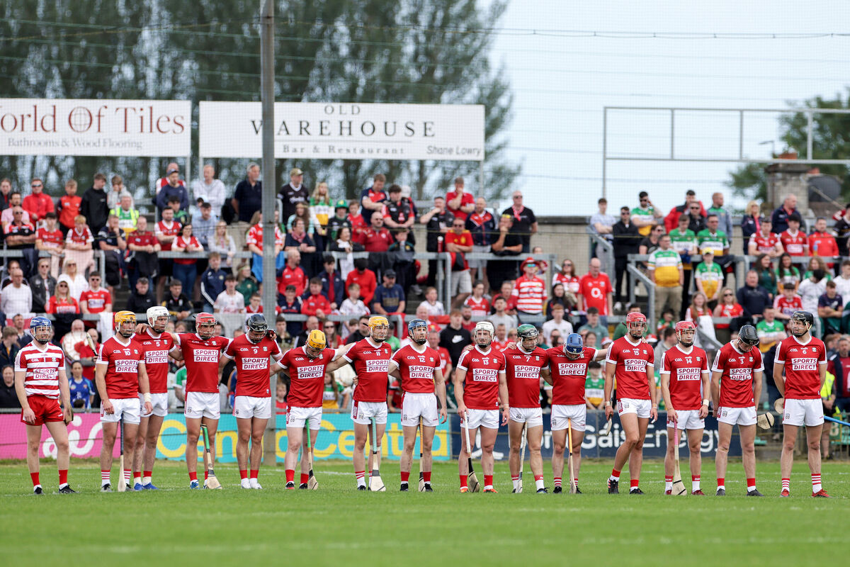 The Cork team stand for Amhrán na bhFiann before the game. Picture: Inpho/Laszlo Geczo