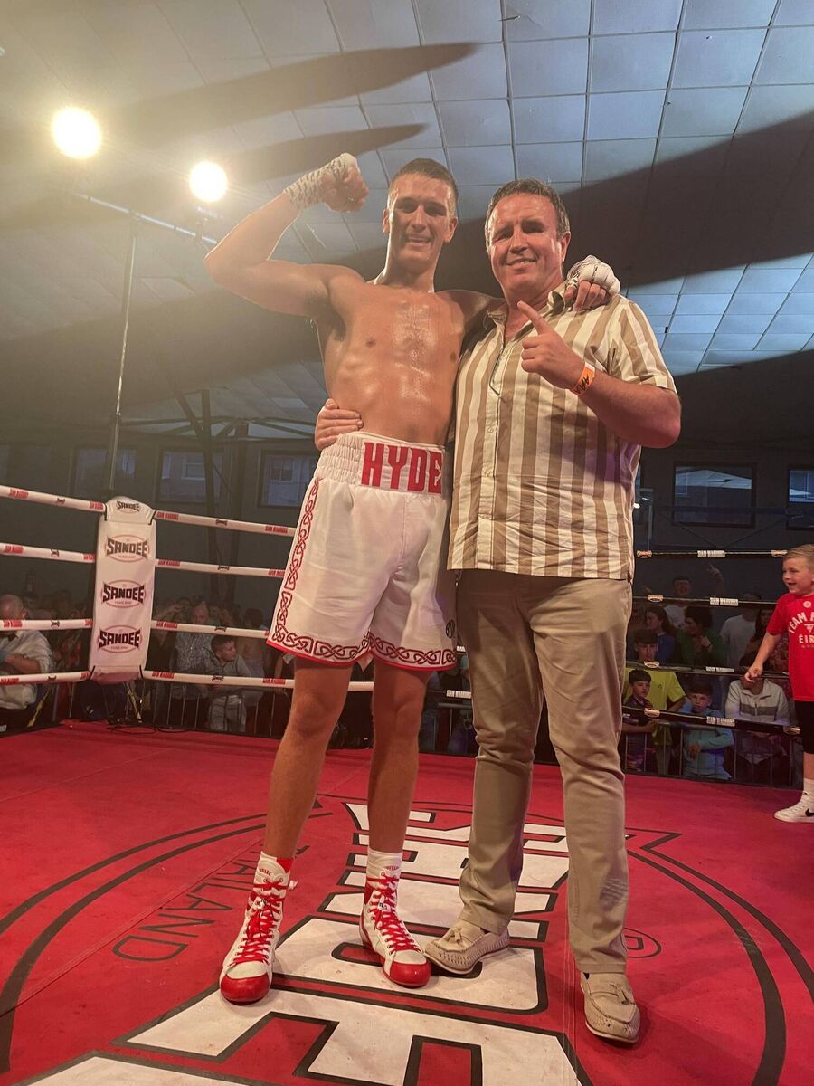 The victorious Tommy Hyde will his father Gary after his fifth professional win at the Parochial Hall The victorious Tommy Hyde will his father Gary after his fifth professional win at the Parochial Hall