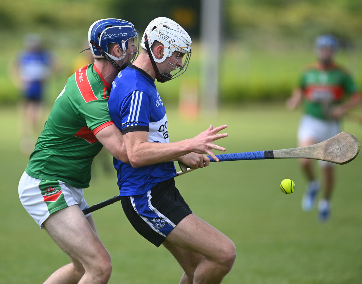 Sarsfields v Fr. O'Neills; Sarsfields' Ben Nodwell and Fr. O'Neill's Ciarr O'Connor tussle for the sliotar during the RedFM SHL division 1 at Ahavine. Picture: Eddie O'Hare