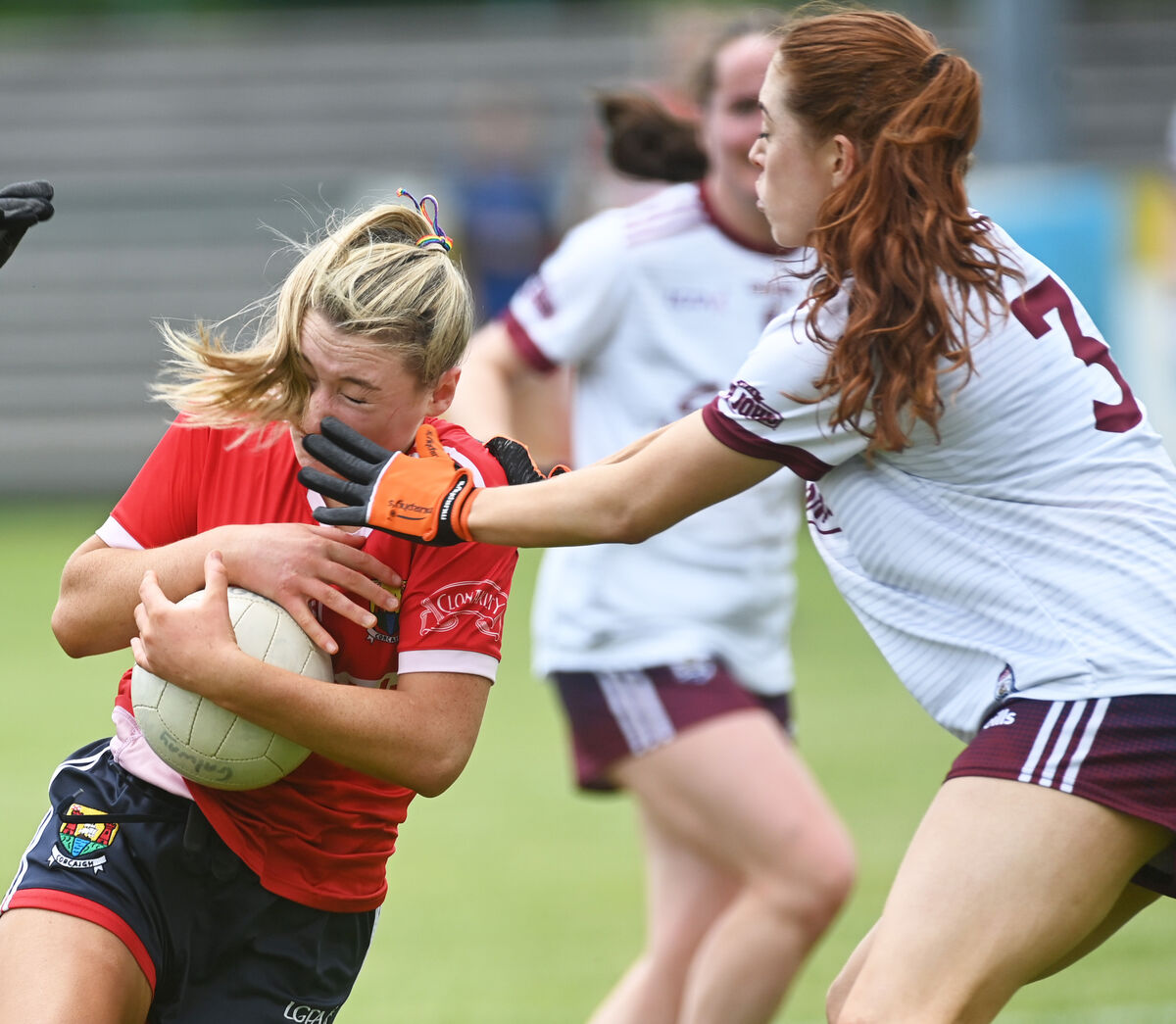 Cork's Ava McAuliffe is tackled by Galway's Sarah Ní Loingsigh during the LGFA TG4 All-Ireland SFC game at MTU. Picture: Eddie O'Hare