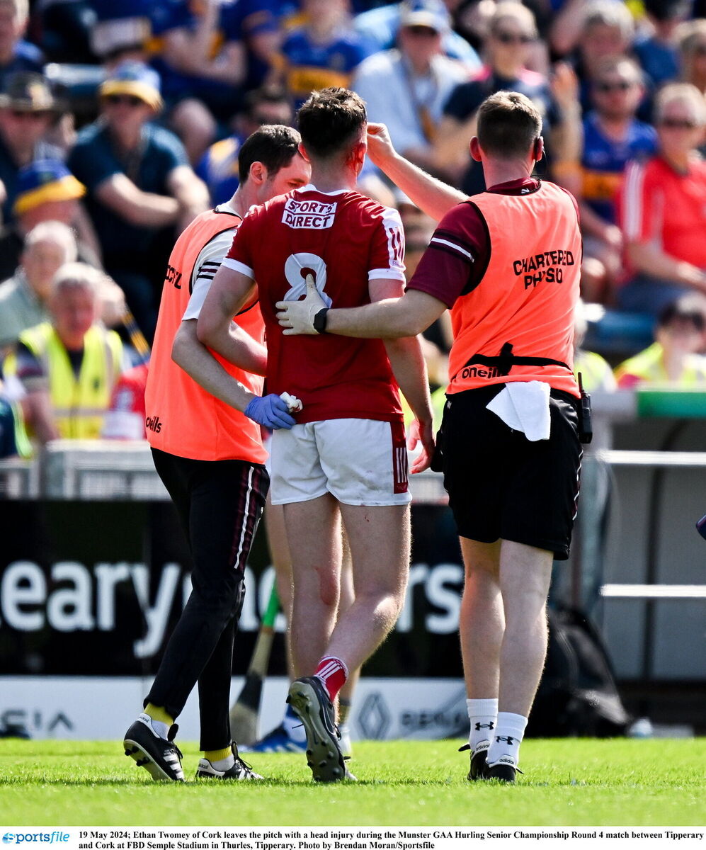 Ethan Twomey leaves the pitch with a head injury against Tipperary. Picture: Brendan Moran/Sportsfile
