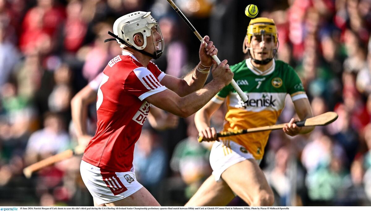 Cork's Patrick Horgan shoots and score his side's third goal against Offaly. Picture: Piaras Ó Mídheach/Sportsfile