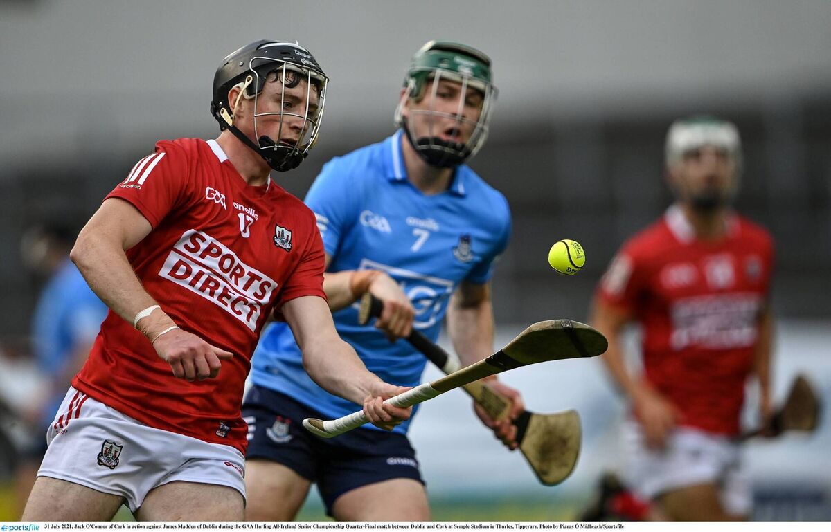 Cork's Jack O'Connor tries to get away from James Madden of Dublin in the 2021 All-Ireland SHC quarter-final at Semple Stadium. Picture: Piaras Ó Mídheach/Sportsfile