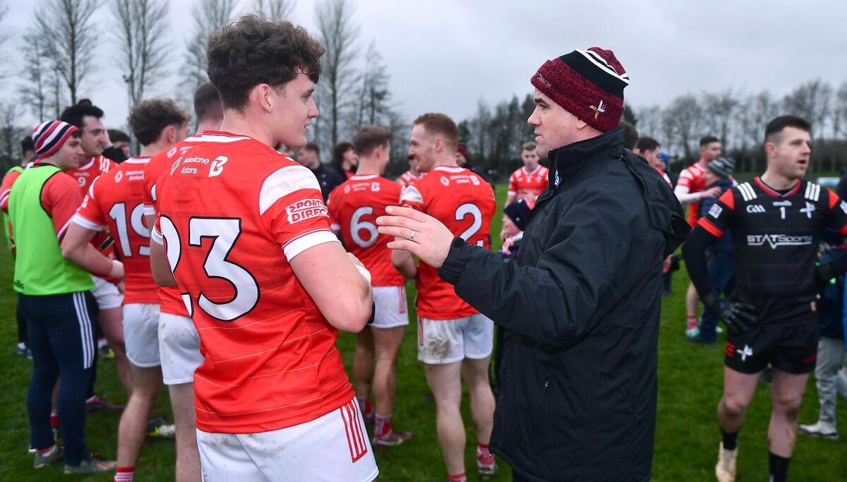 Louth manager Ger Brennan and Dylan McKeown of Louth after beating Cork earlier this year. Picture: Ben McShane/Sportsfile