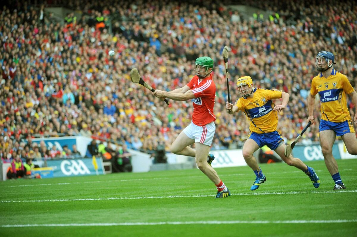 Séamus Harnedy scores a point for Cork against Clare in the 2013 All-Ireland SHC final. Picture: Brian Lougheed