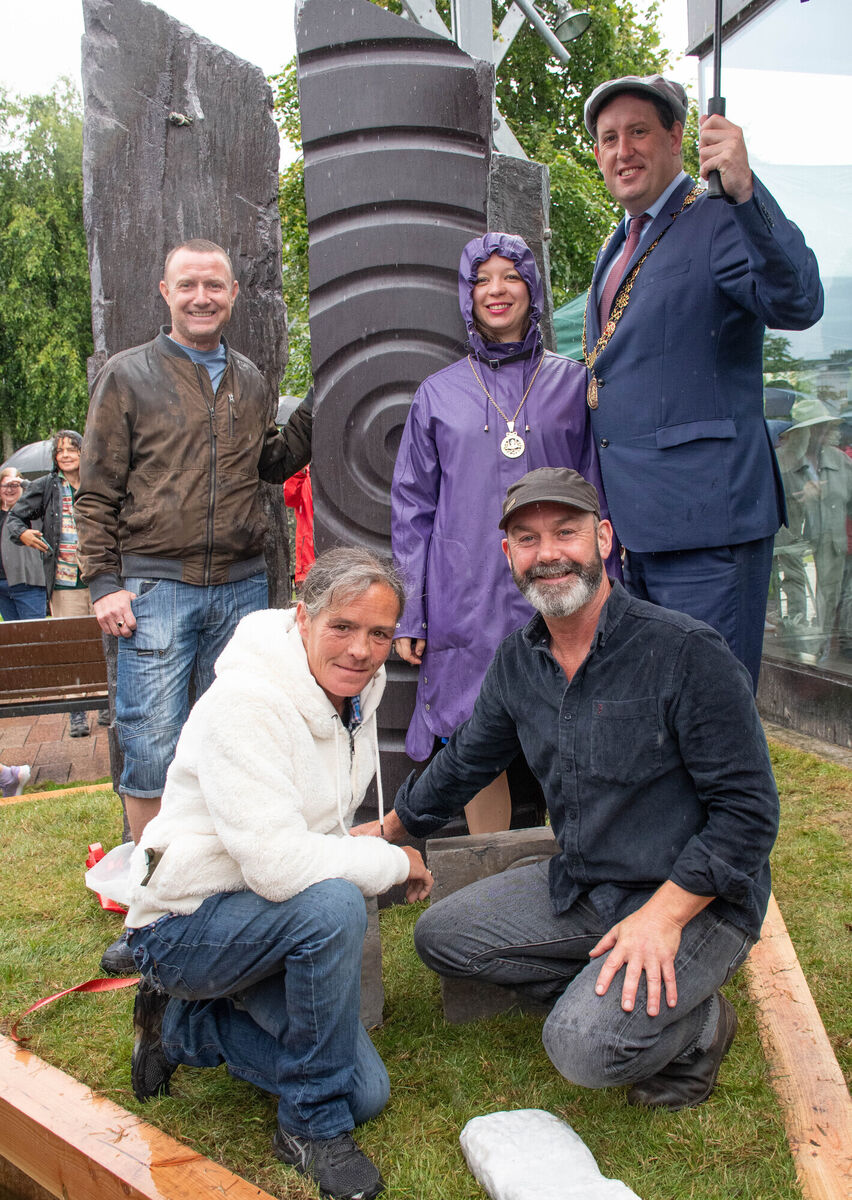 Former Lord Mayor Kieran McCarthy and former Lady Mayoress Marcelline Bonneau pictured with Headway and Simon Community volunteers Troy and Margaritte and Project Facilitator Tommy Lysaght at the official unveiling of 'Scenius' at the Peace Park in South Mall. Picture: Howard Crowdy