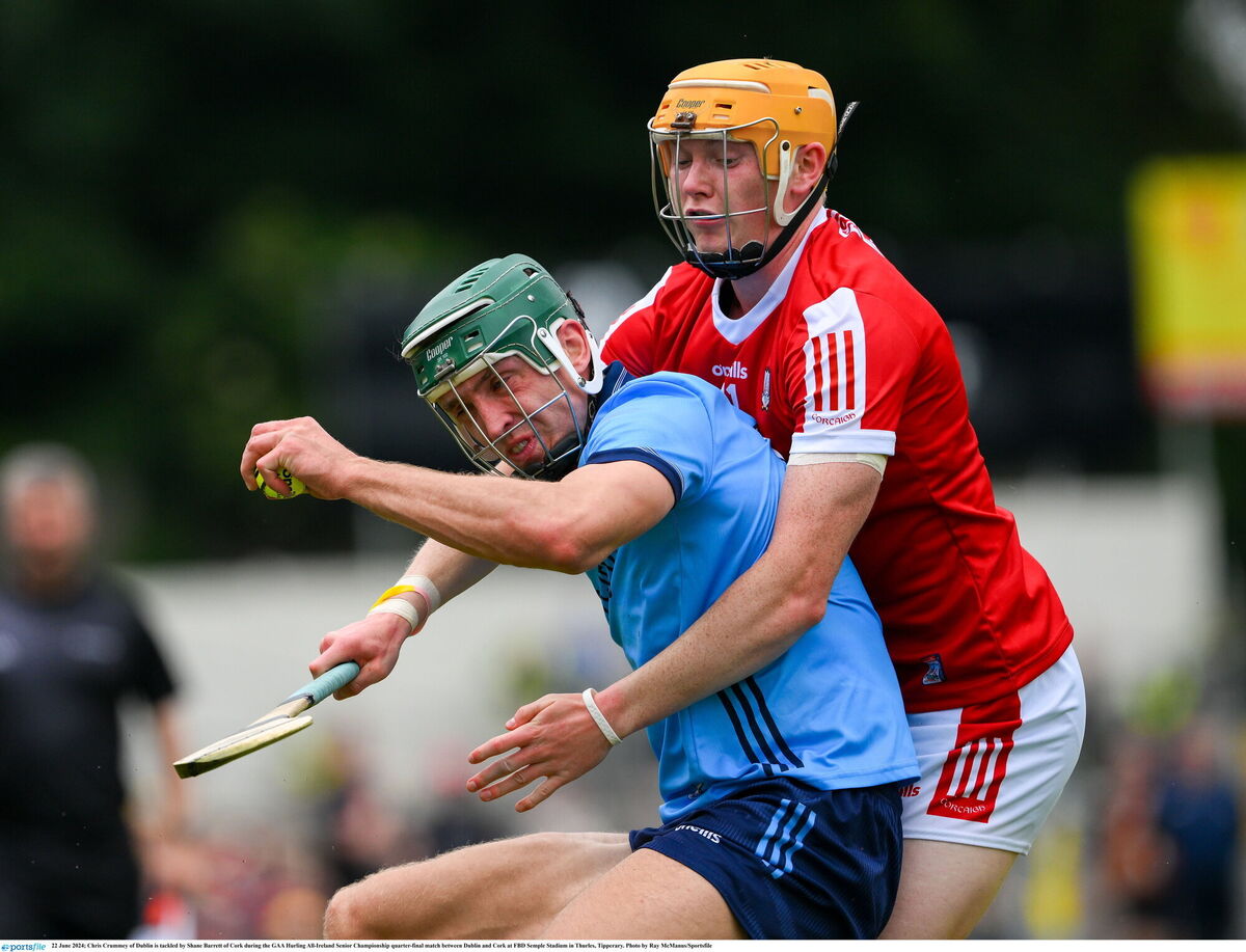 Cork's Shane Barrett puts Chris Crummey of Dublin under pressure. Picture: Ray McManus/Sportsfile Cork's Shane Barrett puts Chris Crummey of Dublin under pressure. Picture: Ray McManus/Sportsfile