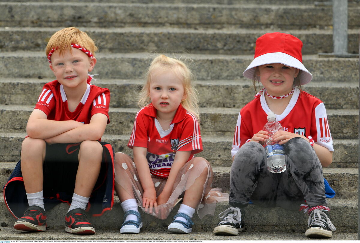 Cork supporters (from left) Zak O'Callaghan, aged five, with his sister Emma, aged three, from Kildorrery and Isabelle Carroll, aged six, from Glanmire before the All-Ireland SHC quarter-final against Dublin at FBD Semple Stadium. Picture: Ray McManus/Sportsfile