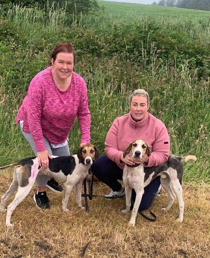 Cork Draghunting: Trina Long and Jennifer Kenneally of Southern/Carrigaline Harriers with Knockane Jack and Jimmy Jack who completed a 1.2 for the kennel in the Sean and Monica Walsh Puppy Memorial Draghunt at Coppeen. 