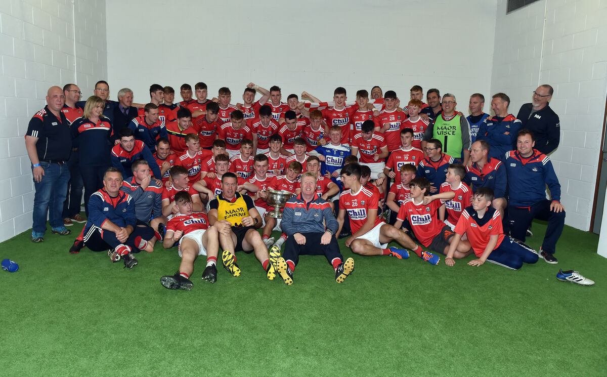  The Cork squad and mentors after defeating Galway in the 2019 Electric Ireland All-Ireland MFC final at Croke Park. Picture: Eddie O'Hare