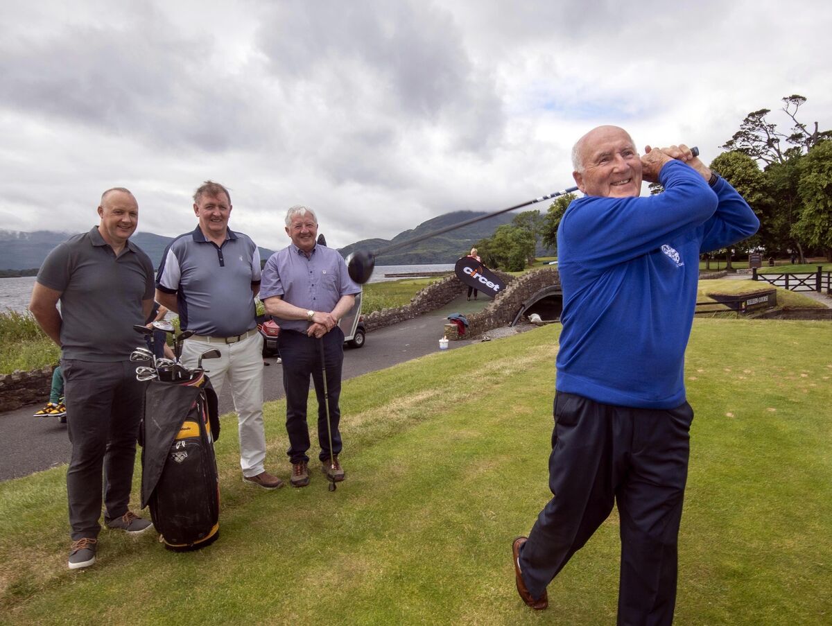 Eddie Keher driving off the first tee at Killarney G&amp;FC watched by Johnny Crowley, Ambrose O’Donovan and John Fenton at the launch of the 23rd annual Circet All-Ireland GAA Golf Challenge, which takes place on October 17/18. For more information, contact John Fogarty on 087-6312109. Picture: Don MacMonagle