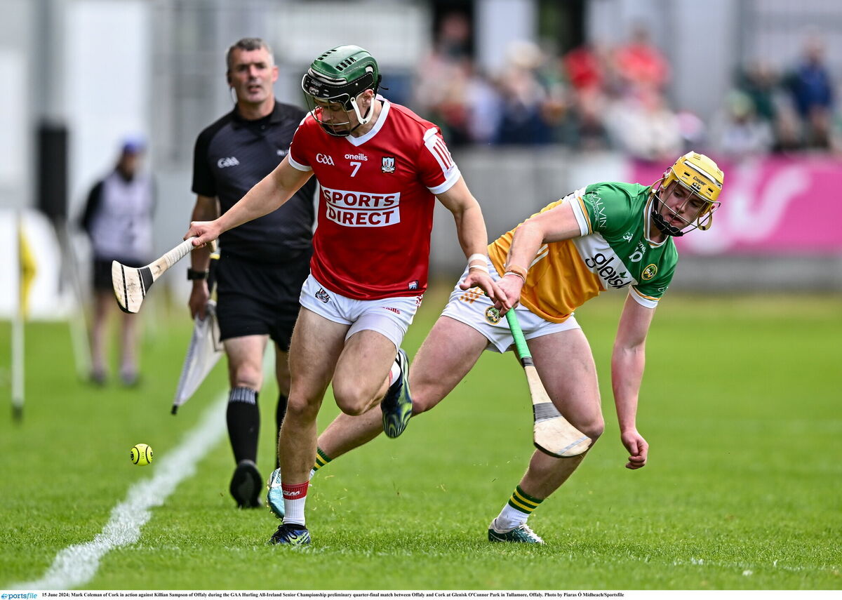Cork's Mark Coleman gets away from Killian Sampson of Offaly during All-Ireland SHC preliminary quarter-final at Glenisk O'Connor Park in Tullamore. Picture: Piaras Ó Mídheach/Sportsfile Cork's Mark Coleman gets away from Killian Sampson of Offaly during All-Ireland SHC preliminary quarter-final at Glenisk O'Connor Park in Tullamore. Picture: Piaras Ó Mídheach/Sportsfile