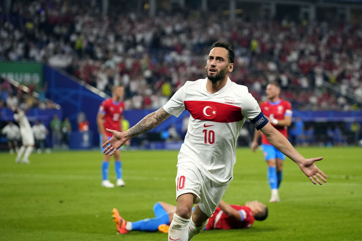 Turkey's Hakan Calhanoglu (10) celebrates after scoring the opening goal during a Group F match against the Czech Republic in Hamburg. Picture: AP Photo/Petr David Josek Turkey's Hakan Calhanoglu (10) celebrates after scoring the opening goal during a Group F match against the Czech Republic in Hamburg. Picture: AP Photo/Petr David Josek