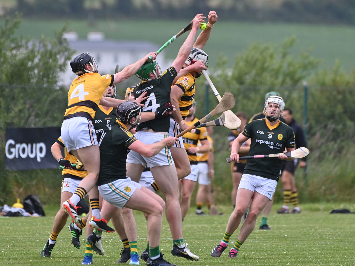  Blackrock players Shane O'Keeffe, Daniel Meaney and Fionn Coleman contesting this high ball with Ciaran O'Flynn and Kevin Moynihan of Na Piarsaigh. Picture: Dan Linehan