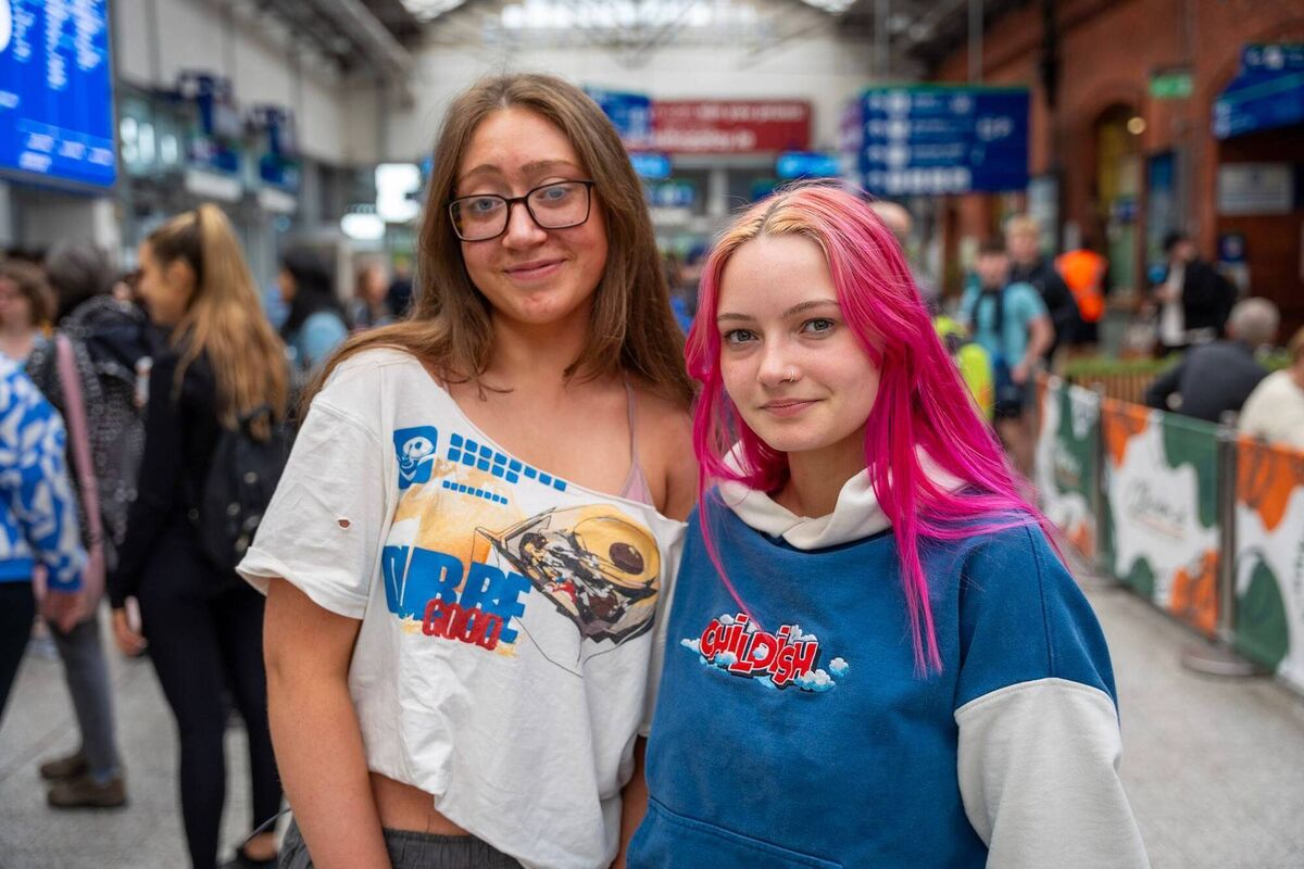 Julianne O'Driscoll and Nell Twomey from Leap and Rosscarbery, who left Kent Station at 10.25am to catch Taylor Swift tonight at the Aviva Stadium in Dublin. Picture by Noel Sweeney
