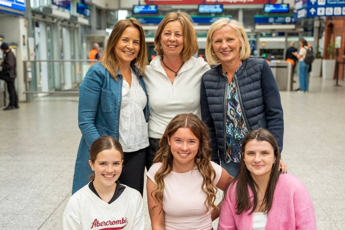 Moms and daughters Left to right, Margaret and Sadie Walsh, Yvonne and Edel Cuddingham and Anne and Eva O'Sullivan who left Kent Station at 8am catch Taylor Swift tonight at the Aviva Stadium in Dublin. Picture by Noel Sweeney