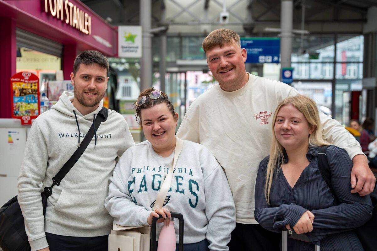 Daniel O'Rourke, Jacqueline O' Carroll, Adam Callanan, and Lauren KIngston from Cork who left Kent Station at 8am catch Taylor Swift tonight at the Aviva Stadium in Dublin. Picture by Noel Sweeney