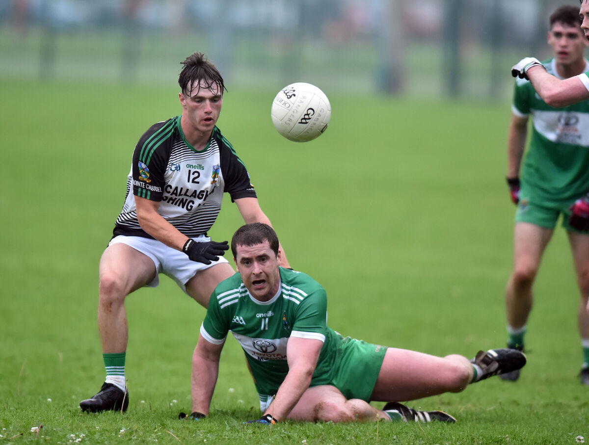 Macroom's Fintan Gould and Gabriel Rangers' Jordi O'Brien chase a breaking ball in 2020. Picture: Eddie O'Hare