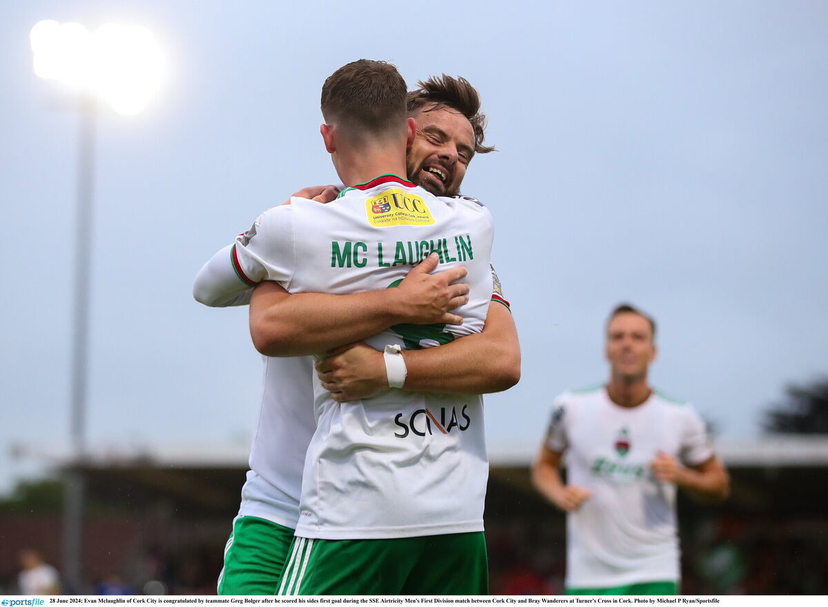 Evan McLaughlin of Cork City is congratulated by teammate Greg Bolger grabbing the opener against Bray Wanderers. Picture: Michael P Ryan/Sportsfile Evan McLaughlin of Cork City is congratulated by teammate Greg Bolger grabbing the opener against Bray Wanderers. Picture: Michael P Ryan/Sportsfile