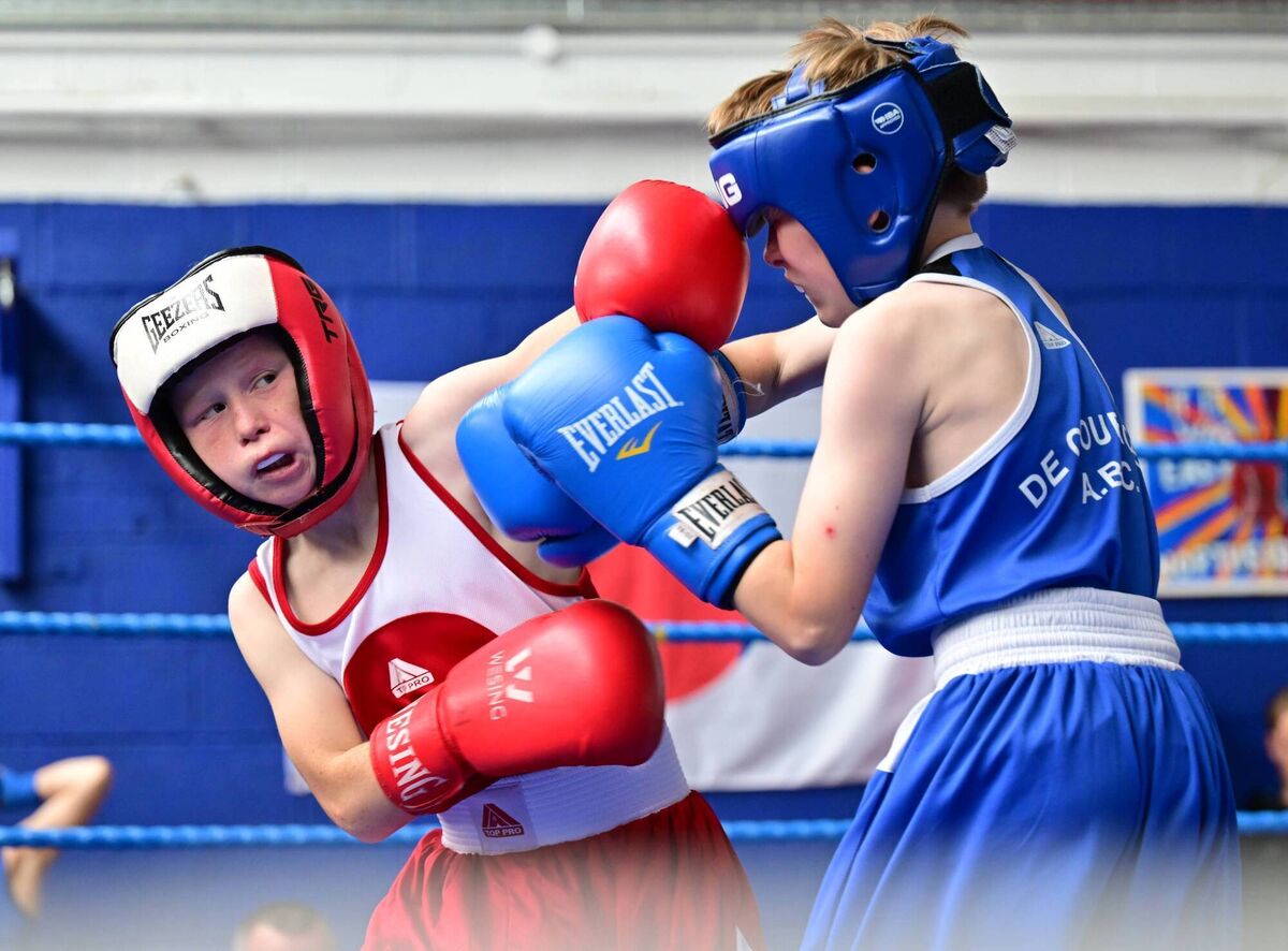 Patrick Quilligan of MItchelstown BC (red) and Paddy Harrington of De Courcey ABC in action during the Mitchelstown BC hosted show at Northside Boxing Club, Blackpool. Picture: Doug Minihane Patrick Quilligan of MItchelstown BC (red) and Paddy Harrington of De Courcey ABC in action during the Mitchelstown BC hosted show at Northside Boxing Club, Blackpool. Picture: Doug Minihane