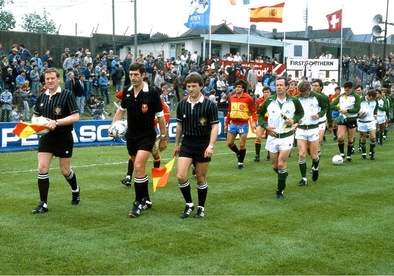 Ireland v Spain at Flower Lodge in 1985 as the teams come out on to pitch with the match officials