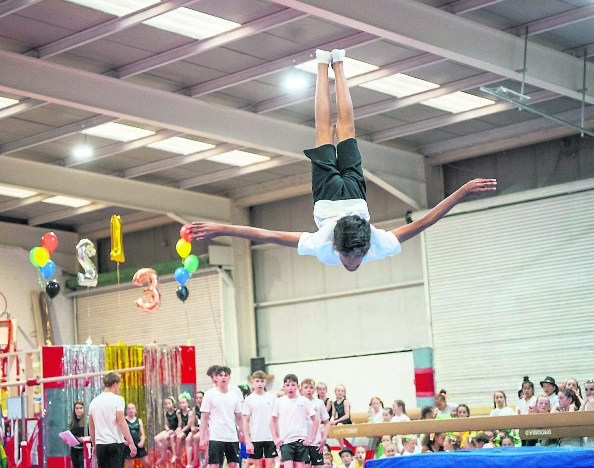 Flying high: Srijan Kaushik during his display at the Douglas Gymnastics Club end of season event. See next Monday’s The Echo for more on the event. Flying high: Srijan Kaushik during his display at the Douglas Gymnastics Club end of season event. See next Monday’s The Echo for more on the event.
