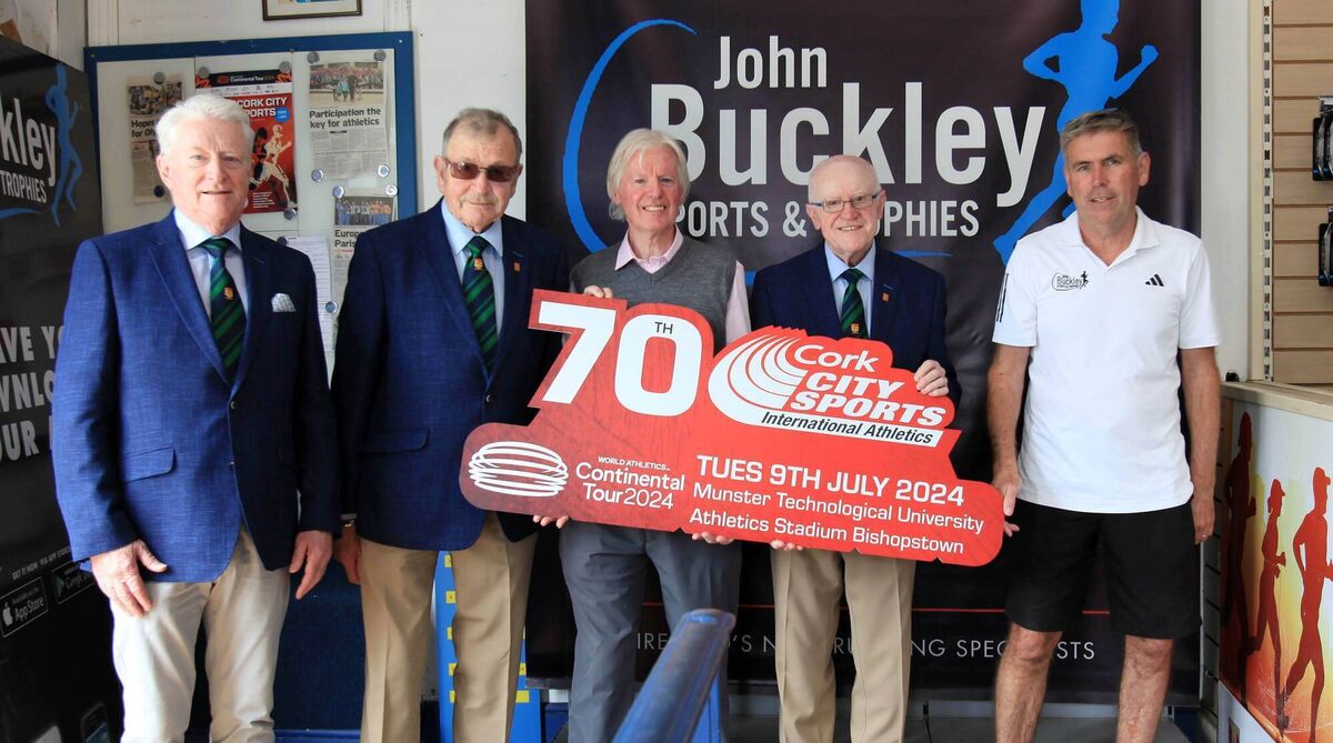 John Buckley Sports Announce Sponsorship of one of the Events for the 70th Cork City Sports International Athletics meet at the MTU Athletic Stadium on Tuesday the 9th July next. L to R., Joe Hartnett Meet Director CCS, Frank Walley President CCS, John Buckley MD, JBS, Tony O'Connell chairman CCS and Conor Kavanagh, Manager JBS. 