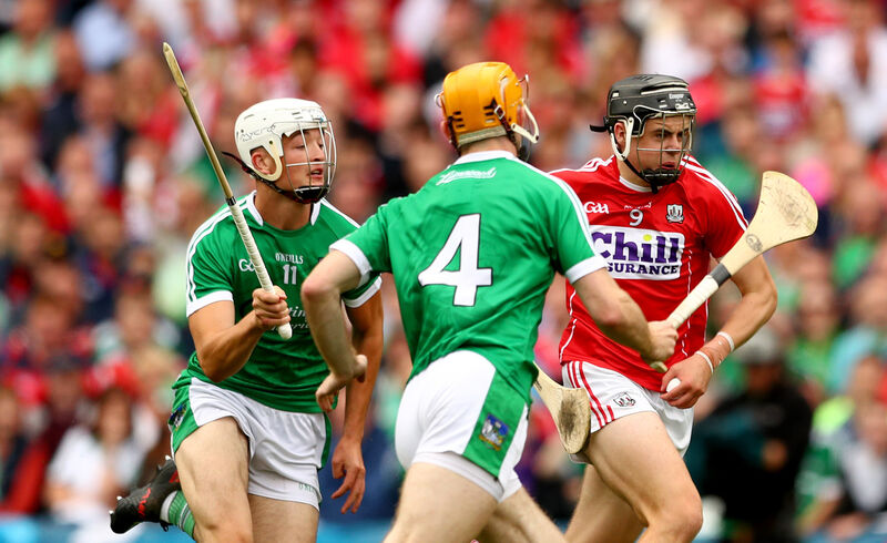 Darragh Fitzgibbon in action against his cousin Richie English (4) and Kyle Hayes in the 2018 All-Ireland SHC semi-final between Cork and Limerick at Croke Park. Picture: Inpho/James Crombie