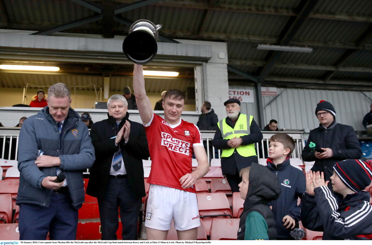 Cork captain Seán Meehan lifts the McGrath Cup after beating Kerry in the final this year. Picture: Michael P Ryan/Sportsfile