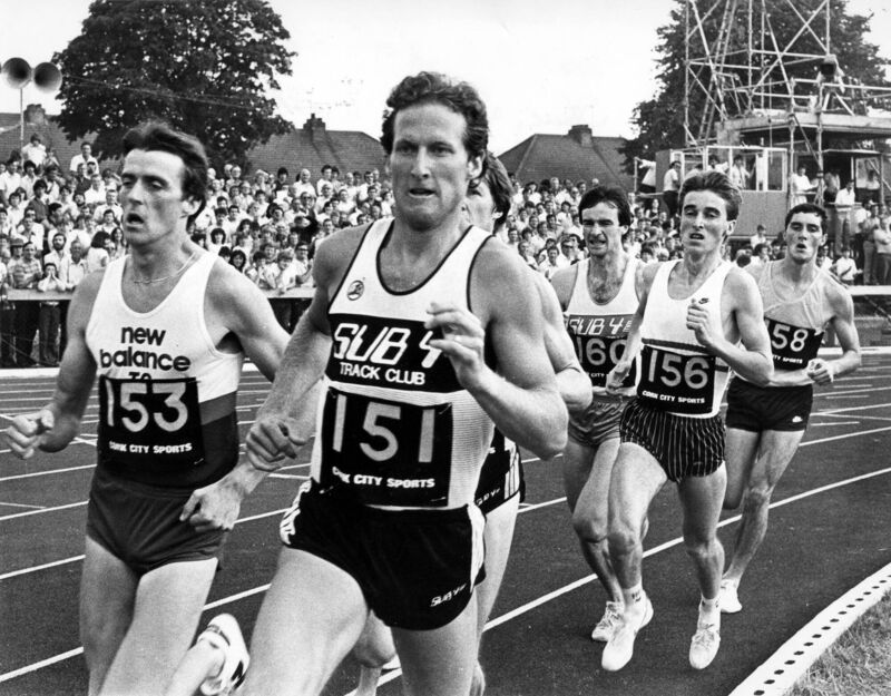 US athlete Steve Scott and Ireland's Ray Flynn lead the field at the Cork City Sports 1i 1983. US athlete Steve Scott and Ireland's Ray Flynn lead the field at the Cork City Sports 1i 1983.