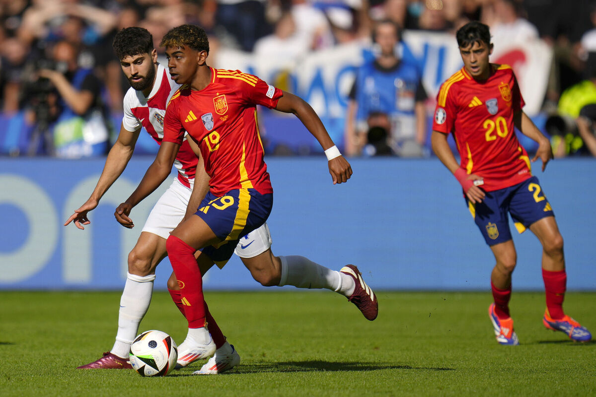 Spain's Lamine Yamal, runs with the ball next to Croatia's Josko Gvardiol during their Group B match at the Euro 2024 soccer tournament in Berlin, Germany. Picture: AP Photo/Manu Fernandez Spain's Lamine Yamal, runs with the ball next to Croatia's Josko Gvardiol during their Group B match at the Euro 2024 soccer tournament in Berlin, Germany. Picture: AP Photo/Manu Fernandez