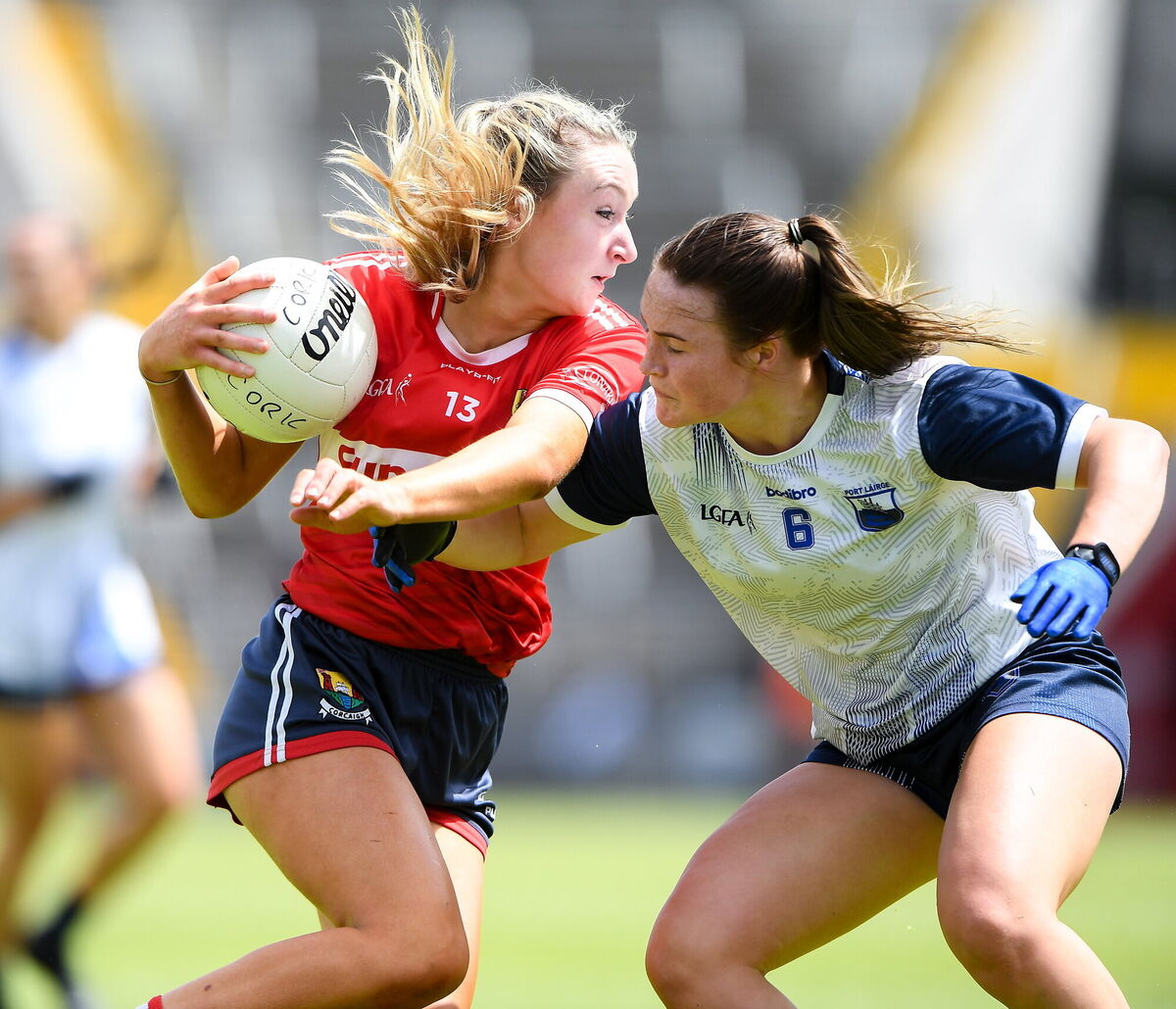 Ava McAuliffe of Cork in action against Alannah McNulty of Waterford during the TG4 All-Ireland Ladies Football Senior Championship quarter-final match between Cork and Waterford at SuperValu Páirc Uí Chaoimh in Cork. Photo by Matt Browne/Sportsfile