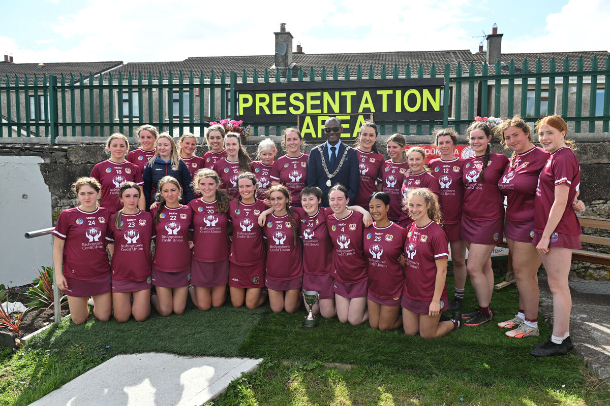 The Bishopstown who defeated St. Finbarrs in the Seandún GAA and Cork City Council Muirgheal MacSwiney junior Camogie cup final at Ballinlough. Included is Cllr. Honore Kamegni who deputized for the Lord Mayor. Picture Dan Linehan The Bishopstown who defeated St. Finbarrs in the Seandún GAA and Cork City Council Muirgheal MacSwiney junior Camogie cup final at Ballinlough. Included is Cllr. Honore Kamegni who deputized for the Lord Mayor. Picture Dan Linehan