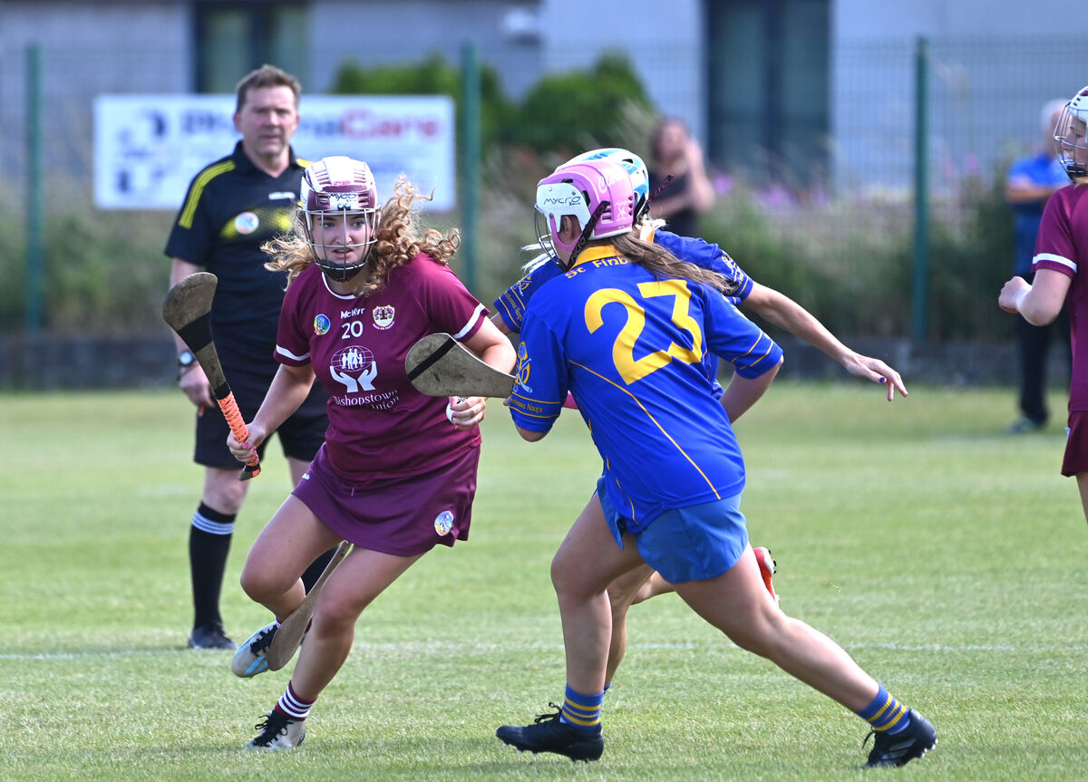 Aoife Bowen, Bishopstown looking to take on Claragh Callanan, St. Finbarrs during the Seandún GAA and Cork City Council Muirgheal MacSwiney junior Camogie cup final at Ballinlough. Picture Dan Linehan Aoife Bowen, Bishopstown looking to take on Claragh Callanan, St. Finbarrs during the Seandún GAA and Cork City Council Muirgheal MacSwiney junior Camogie cup final at Ballinlough. Picture Dan Linehan