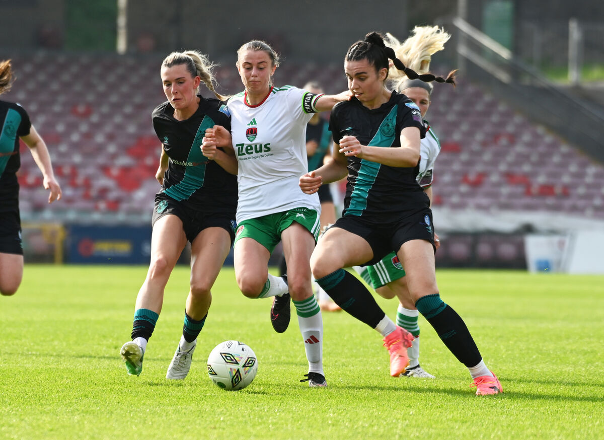 Cork City's Eva Mangan bursting through from Shamrock Rover's Jessica Hennessy and Shauna Fox during the SSE Airtricity Women's Premier Division at Turner's Cross. Picture: Eddie O'Hare