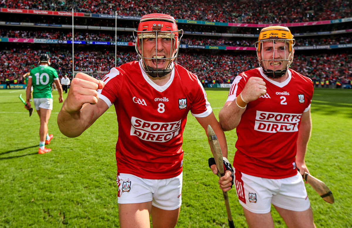 Cork’s Ciarán Joyce and Niall O’Leary celebrate after the game