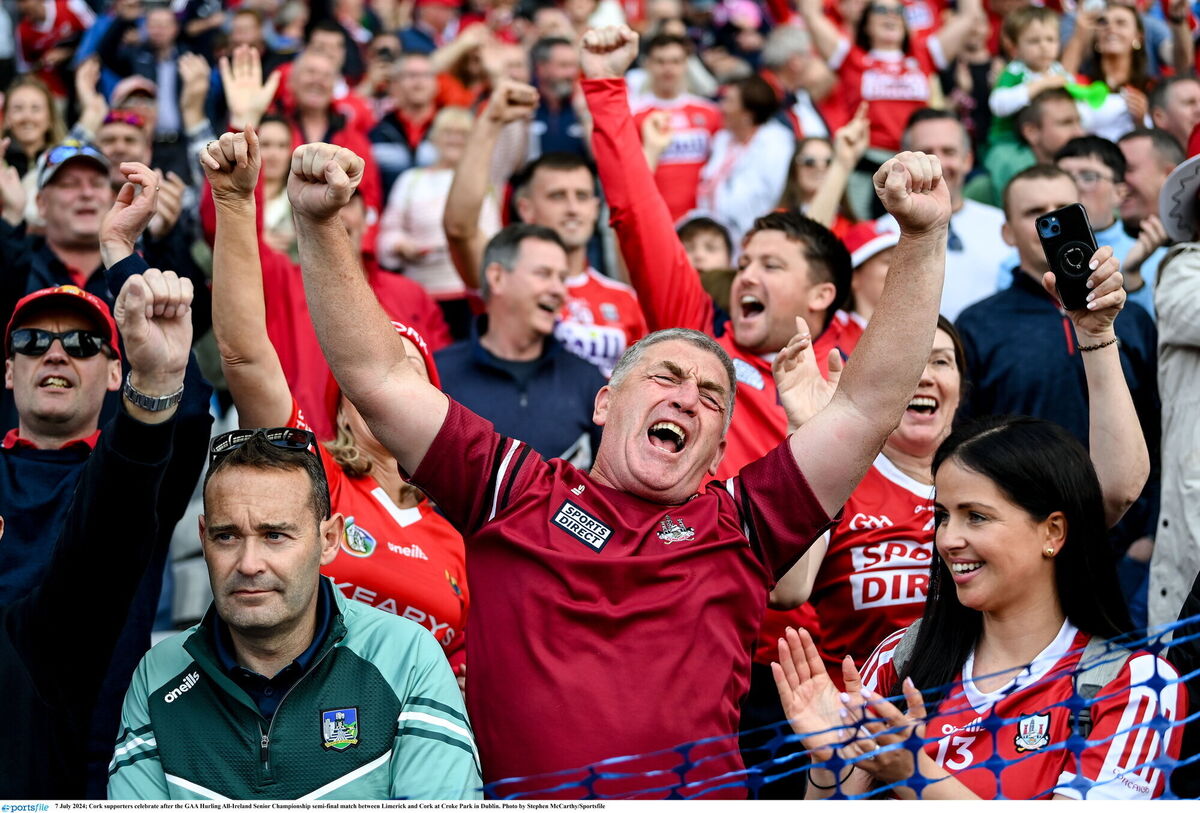 Cork supporters celebrate after the GAA Hurling All-Ireland Senior Championship semi-final match between Limerick and Cork at Croke Park in Dublin. Photo by Stephen McCarthy/Sportsfile