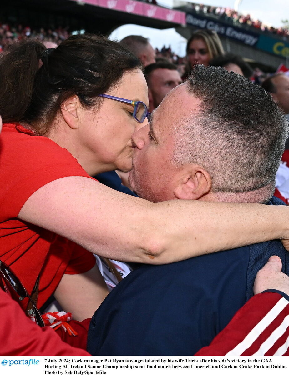Cork manager Pat Ryan is congratulated by his wife Tricia after his side's victory in the GAA Hurling All-Ireland Senior Championship semi-final match between Limerick and Cork at Croke Park in Dublin. Photo by Seb Daly/Sportsfile