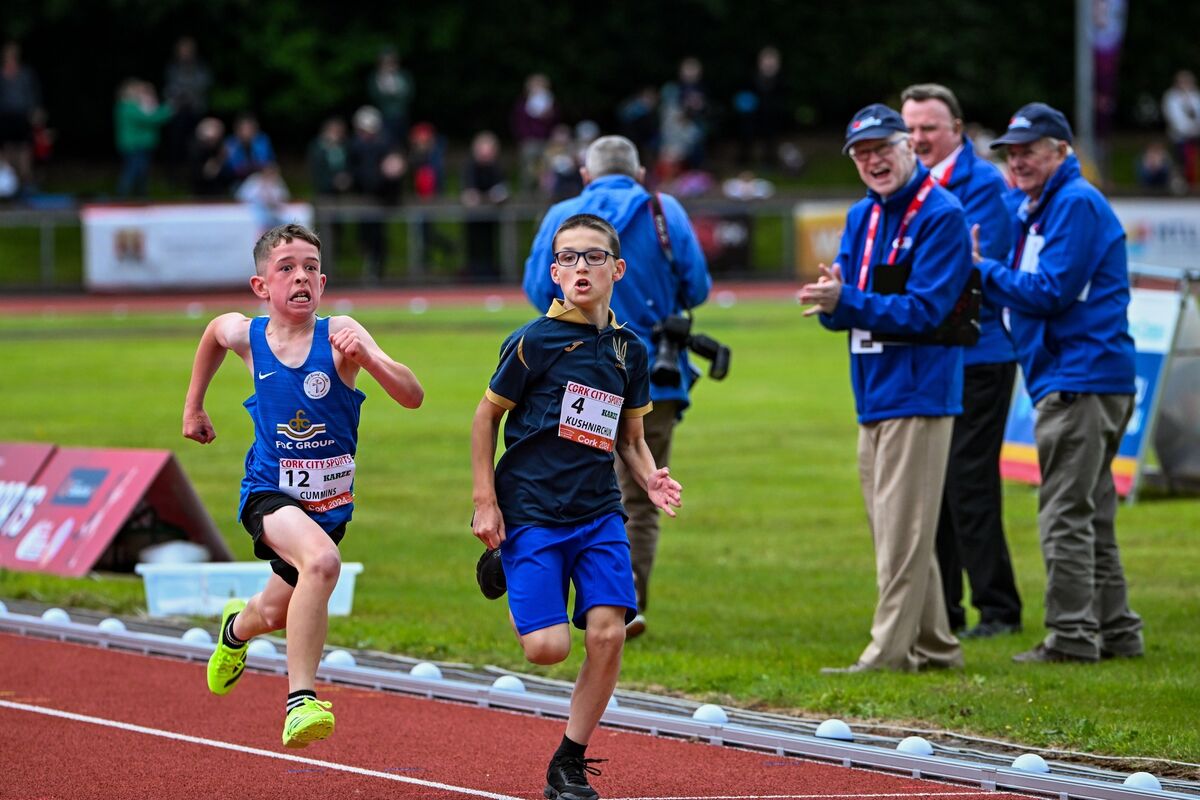 Alphie Cummins from St Joseph’s National School Cobh and Pavlo Kushnirchuk from St Mary’s of the Isle proved its the competing that counts, when despite not ranking they push themselves over the finishing line in the Primary boys 1 mile race at the 70th annual Cork City Sports. Picture Chani Anderson Alphie Cummins from St Joseph’s National School Cobh and Pavlo Kushnirchuk from St Mary’s of the Isle proved its the competing that counts, when despite not ranking they push themselves over the finishing line in the Primary boys 1 mile race at the 70th annual Cork City Sports. Picture Chani Anderson