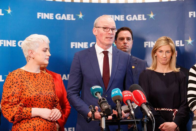 Simon Coveney with FG European election candidates Maria Walsh (left) and Nina Carberry and delegates at the Fine Gael selection convention for the Midlands-North West constituency for the European Parliament, at the Sheraton Hotel, Athlone in Match.