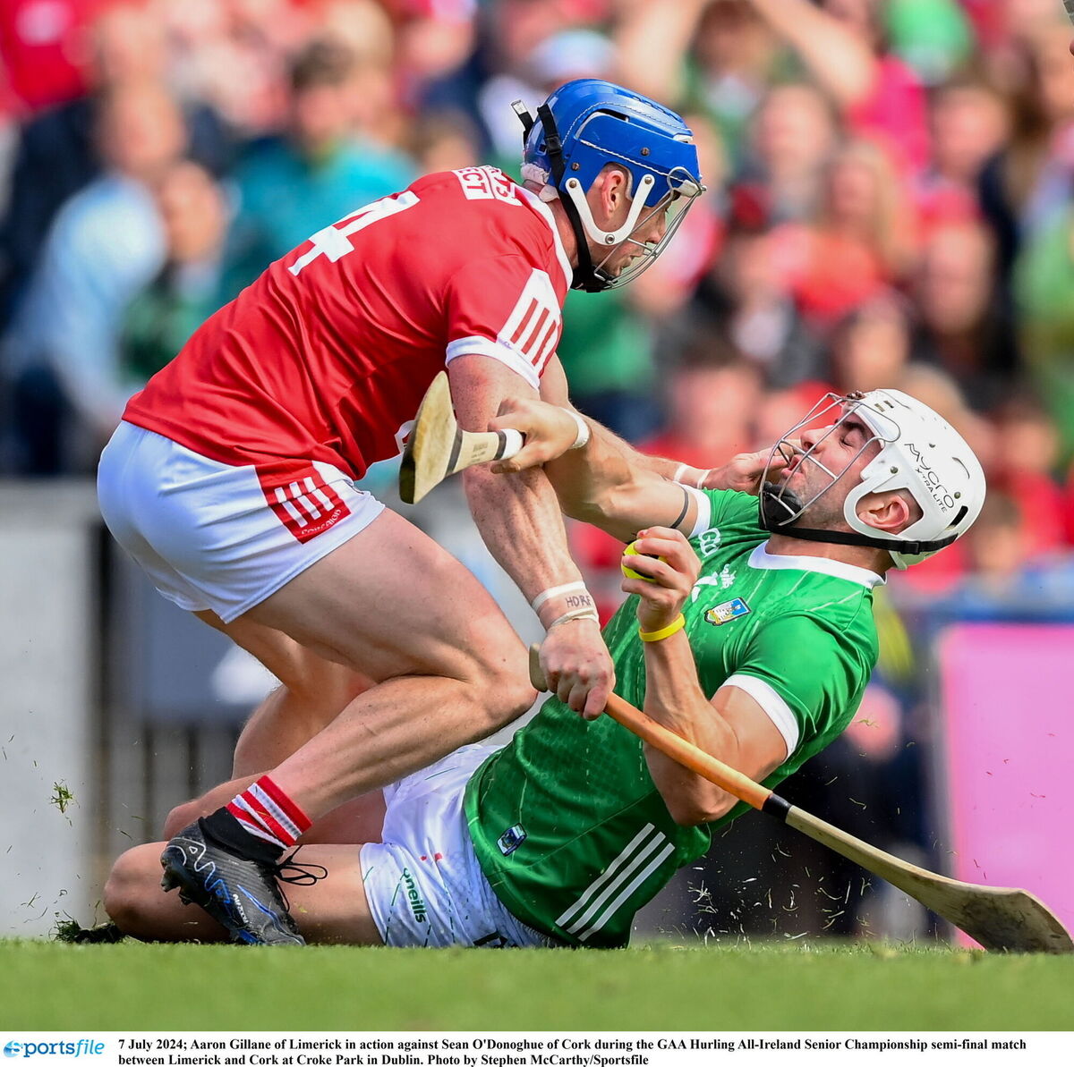 Limerick's Aaron Gillane is stopped by Seán O'Donoghue of Cork. Picture: Stephen McCarthy/Sportsfile