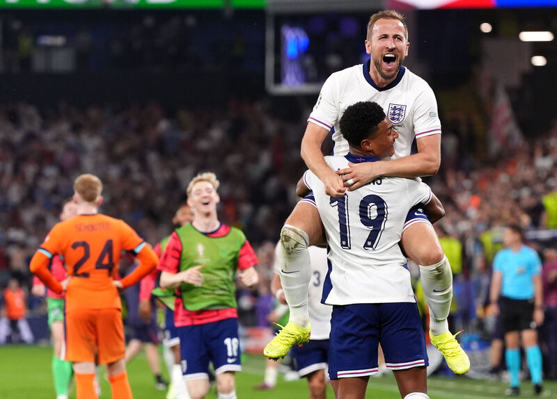England's Harry Kane and Ollie Watkins celebrate following the UEFA Euro 2024, semi-final victory over the Dutch at the BVB Stadion Dortmund. Picture: Bradley Collyer/PA Wire