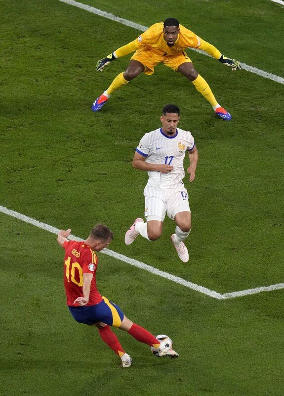 Spain's Dani Olmo scores his side's second goal during a semi-final match against France at the Euro 2024 soccer tournament in Munich, Germany. Picture: AP Photo/Ariel Schalit