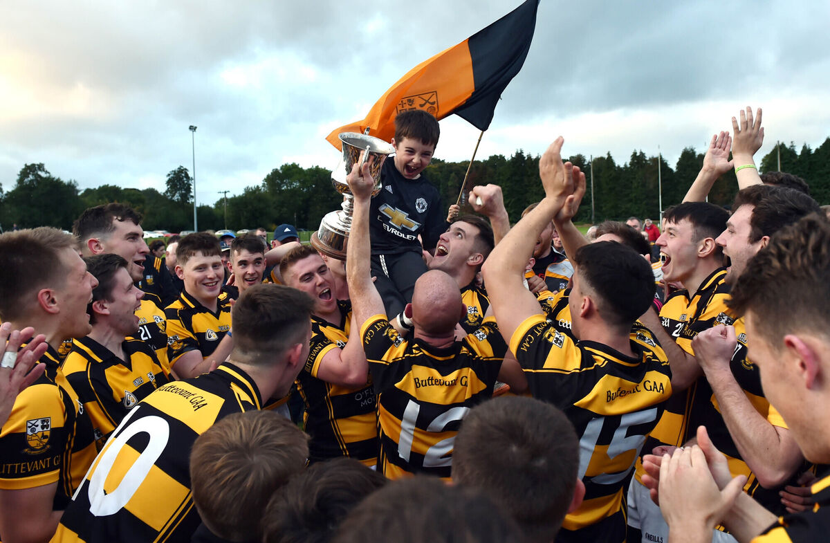 Eoin Murphy, son of player JD Murphy, is lifted high as Buttevant celebrate their 2017 Avondhu JAFC win. The club also won the divisional football title in 2022 but hurling success has been scarce of late. Picture: Eddie O'Hare Eoin Murphy, son of player JD Murphy, is lifted high as Buttevant celebrate their 2017 Avondhu JAFC win. The club also won the divisional football title in 2022 but hurling success has been scarce of late. Picture: Eddie O'Hare