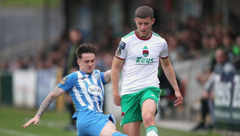 Darragh Crowley of Cork City is tackled by Patrick Ferry of Finn Harps during the SSE Airtricity Men's First Division match between Cork City and Finn Harps at Turner's Cross in Cork. Photo by Michael P Ryan/Sportsfile