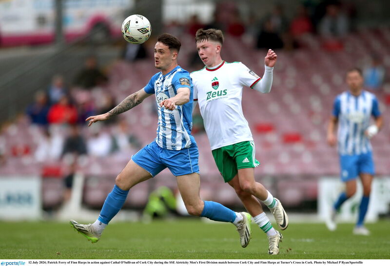 Patrick Ferry of Finn Harps in action against Cathal O'Sullivan of Cork City during the SSE Airtricity Men's First Division match between Cork City and Finn Harps at Turner's Cross in Cork. Photo by Michael P Ryan/Sportsfile