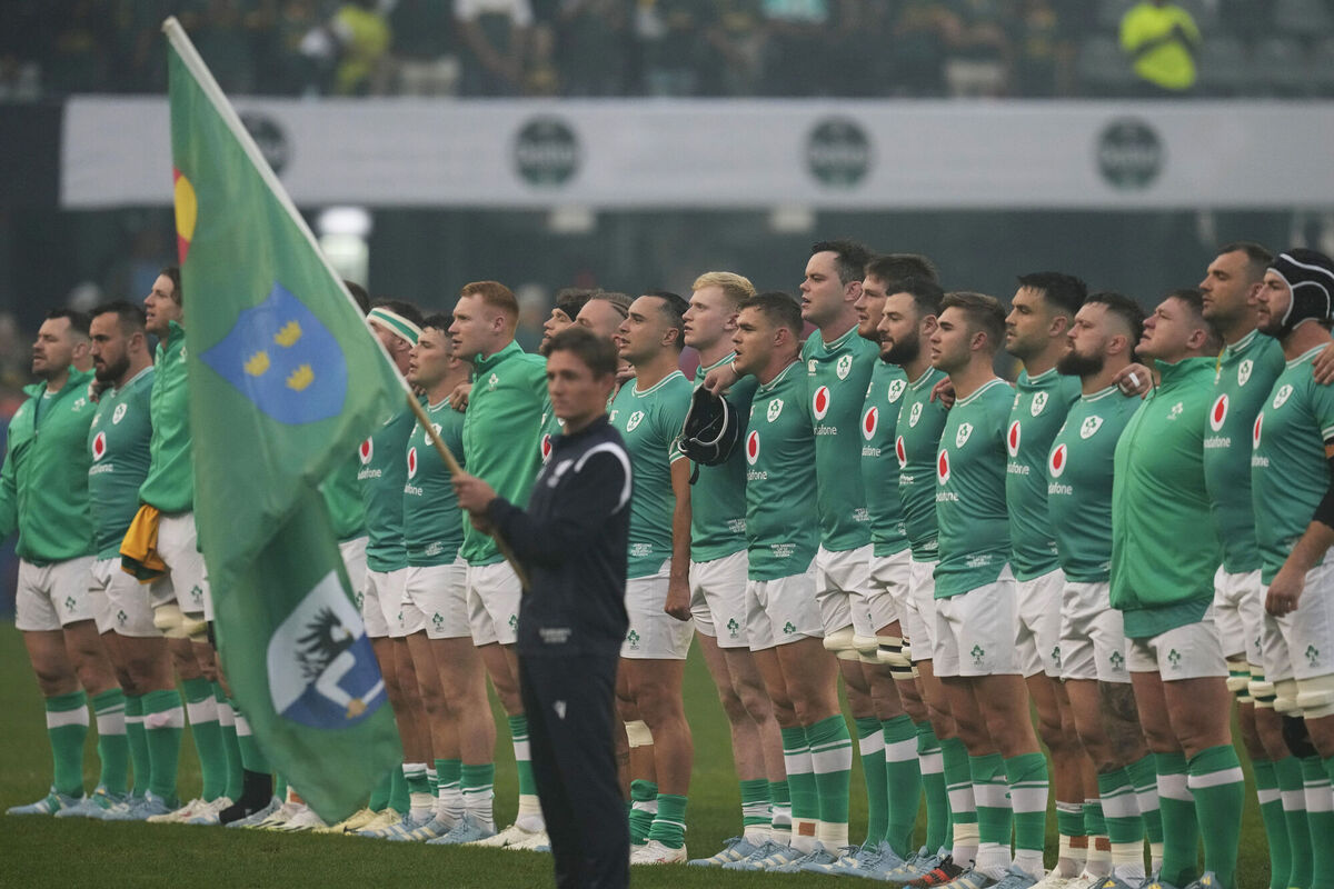 Irish rugby team sing their national anthem before their test match between South Africa and Ireland at Kings Park Stadium in Durban, South Africa